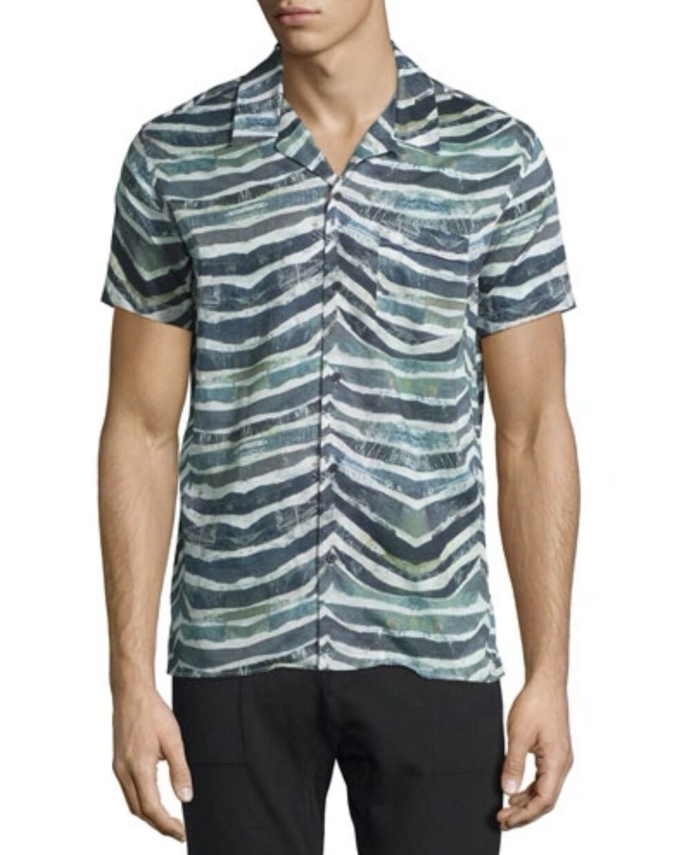 IRO Eluard Button Down Shirt Men's Zebra Stripe Print Short Slv Sz M Cotton
